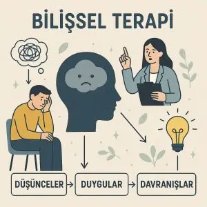 Bilişsel terapi diyagramı – düşünceler, duygular ve davranışlar arasındaki ilişkiyi gösteren psikoterapi görseli