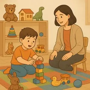 Deneyimsel oyun terapisi görseli – Kadıköy’de bir psikolog, çocukla bloklar, oyuncak ayı, araba ve peluş oyuncakların bulunduğu renkli bir oyun odasında terapi çalışması yapıyor.
