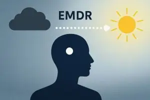 Kadıköy EMDR terapisi – göz hareketleriyle (bilateral uyarım) travmatik anılardan (bulut) iyileşmeye (güneş) geçişi simgeleyen şematik görsel