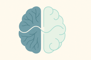 EMDR terapisi ile beynin travmatik anıları yeniden işleme ve iyileşme sürecini gösteren soyut dijital sanat. Koyu renkten açık renge geçiş yapan, bağlantılı iki beyin lobu ve aralarındaki hafif, ritmik enerji akışı, çift taraflı uyarımı ve zihinsel dönüşümü simgeliyor.
