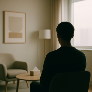 “İlk terapi seansı nasıl geçer – danışanın sessiz düşünme anı – Gizem Ölmez Akfırat terapi odası”
