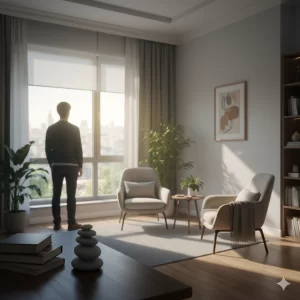 Panik atak tedavisi psikoterapi süreci için Kadıköy'deki aydınlık ve huzurlu terapi odası detayı.