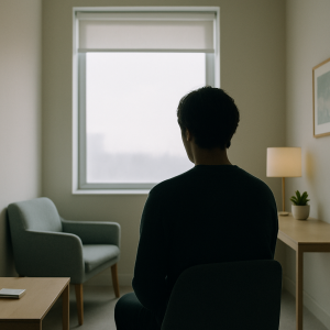 Sosyal kaygı psikolog desteği için aydınlık, sakin bir terapi odası ve düşünceli bir silüet.