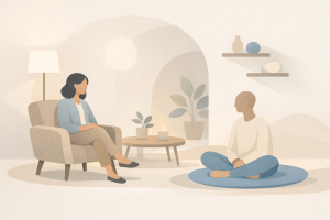 Kadıköy’de psikolojik destek sürecini temsil eden, güven ve duygusal dengeyi çağrıştıran sakin ve minimal terapi illüstrasyonu.