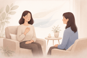 “Yumuşak nötr tonlarda, sakin bir terapi odasında iki kişinin oturduğu minimal bir illüstrasyon. Bir kişi gözleri kapalı şekilde elini göğsüne koyarak nefesine odaklanıyor, karşısındaki kişi ise sakin ve destekleyici bir duruşla dinliyor. Arka planda bitkiler ve yumuşak, akışkan çizgiler güven, duygusal düzenleme ve iyileşme hissini çağrıştırıyor.”