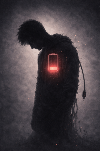 Tükenmişlik sendromu yaşayan ve şarjı bitmek üzere olan bir insan silueti