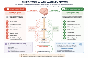 Sürekli tetikte hissetmek (hipervijilans) sırasında sinir sisteminin alarm ve güven modlarını gösteren infografik. Sempatik ve parasempatik sinir sisteminin stres, gevşeme ve güven hissi üzerindeki etkilerini açıklayan şema.